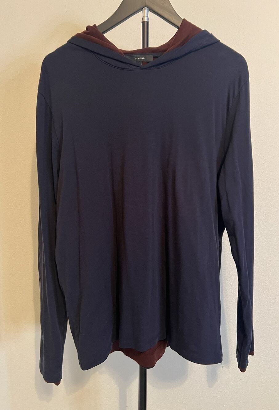 Vince Men's Sweatshirt Size M 100% Pima Cotton Double Layer Hoodie Blue Maroon